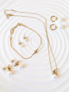 New 18k Gold Plated Pearl Knot 5-piece Jewelry Set Tarnish-free Waterproof